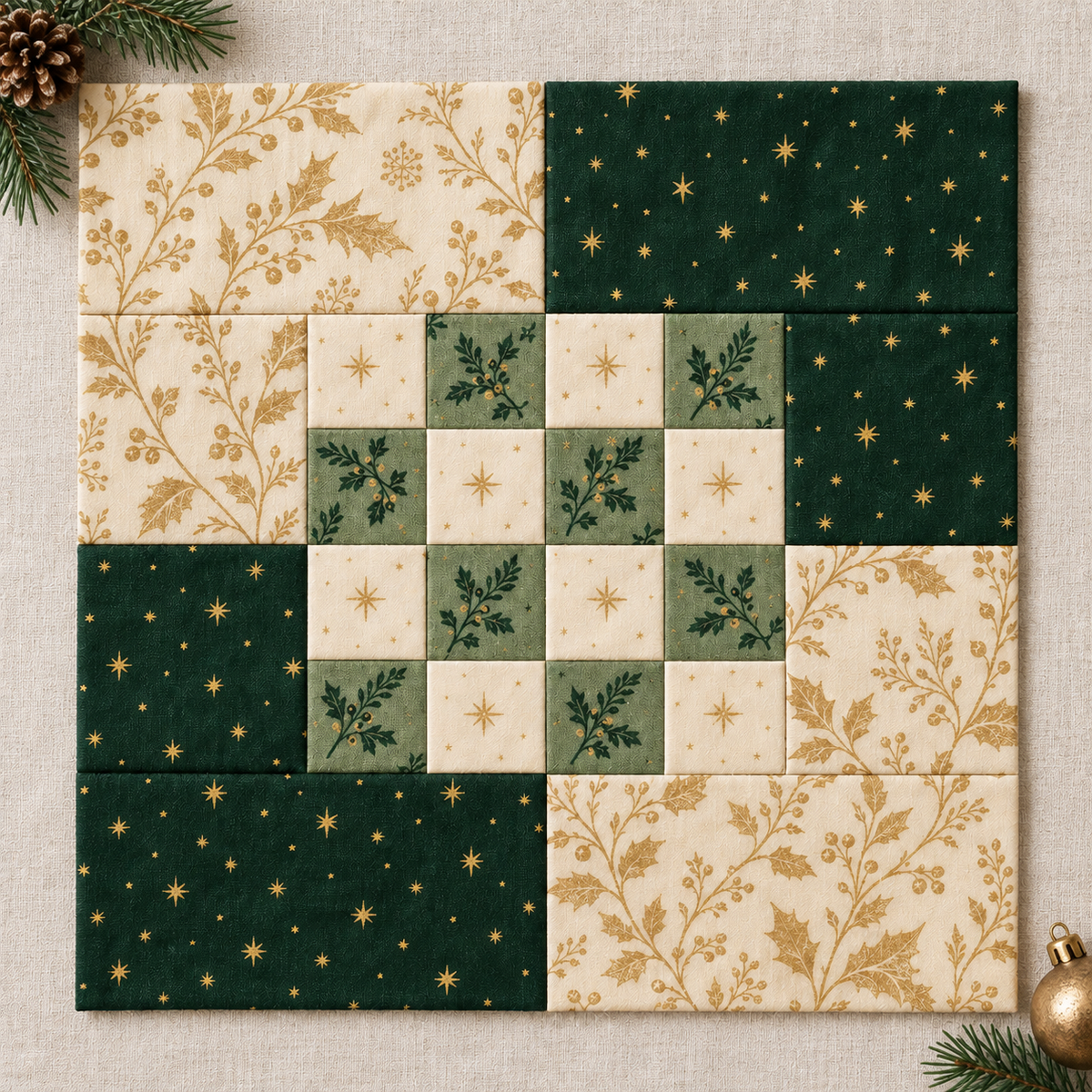 Evergreen and Gold Christmas quilt block with an ivory and sage checkerboard center and festive botanical prints