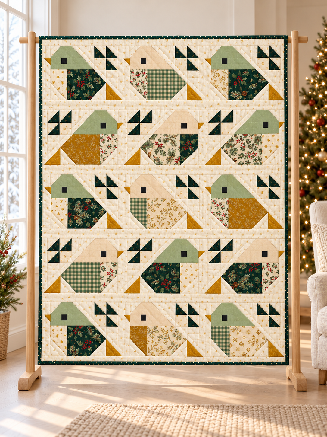 Evergreen Songbirds Christmas quilt with 15 patchwork birds in ivory, sage, evergreen and gold on a wooden display stand
