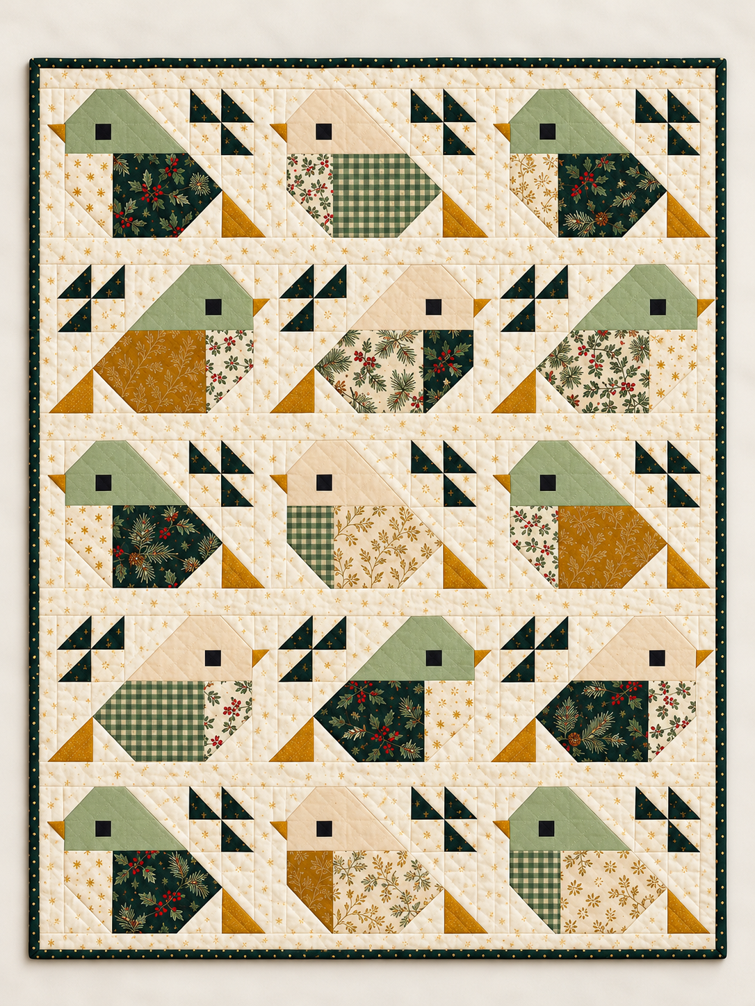 Full Evergreen Songbirds quilt showing five rows of three patchwork birds and deep evergreen binding