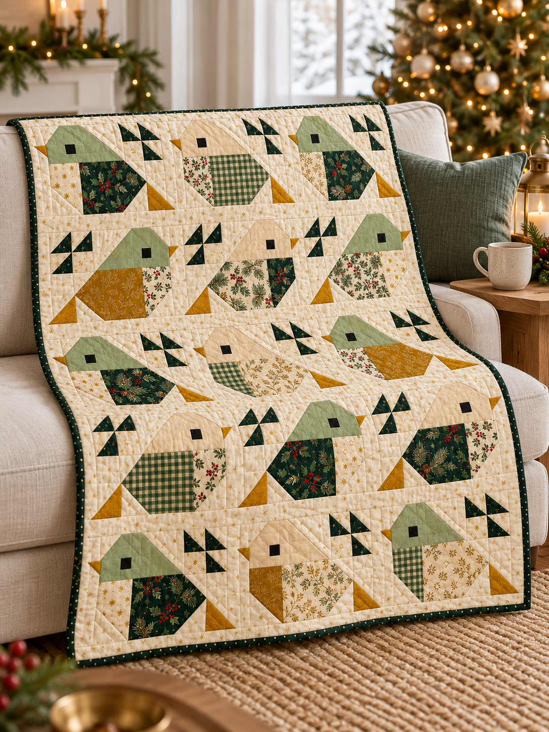 Evergreen Songbirds Christmas patchwork quilt draped over an ivory sofa beside a Christmas tree