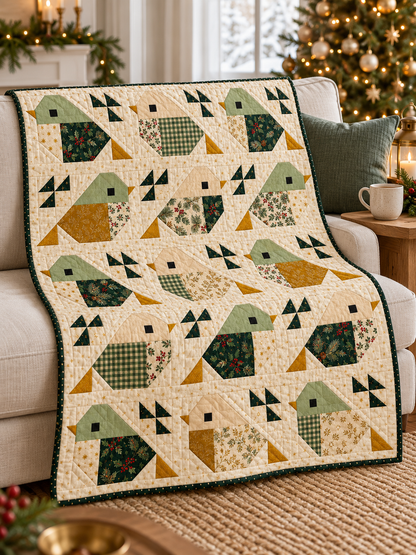 Evergreen Songbirds Christmas patchwork quilt draped over an ivory sofa beside a Christmas tree