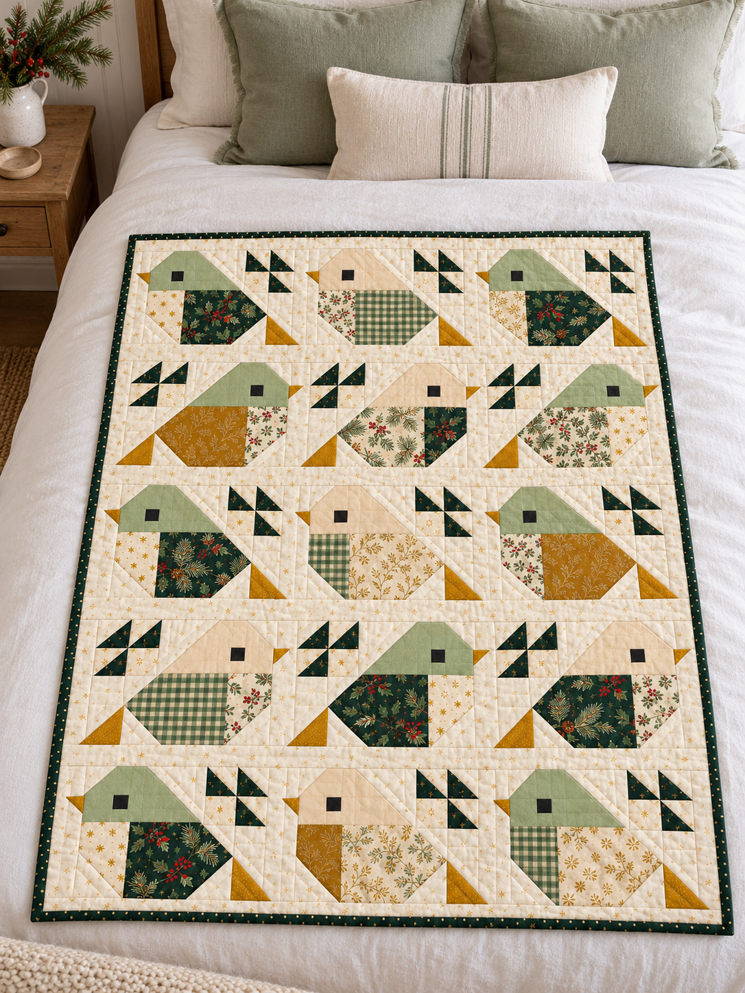 Ivory, sage and gold bird quilt styled as a small throw over white cottage bedding