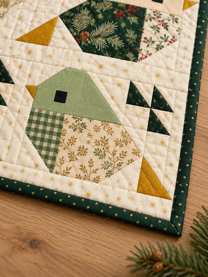 Mitered evergreen gold-dot binding and stitching beside the quilt's gingham and botanical bird block
