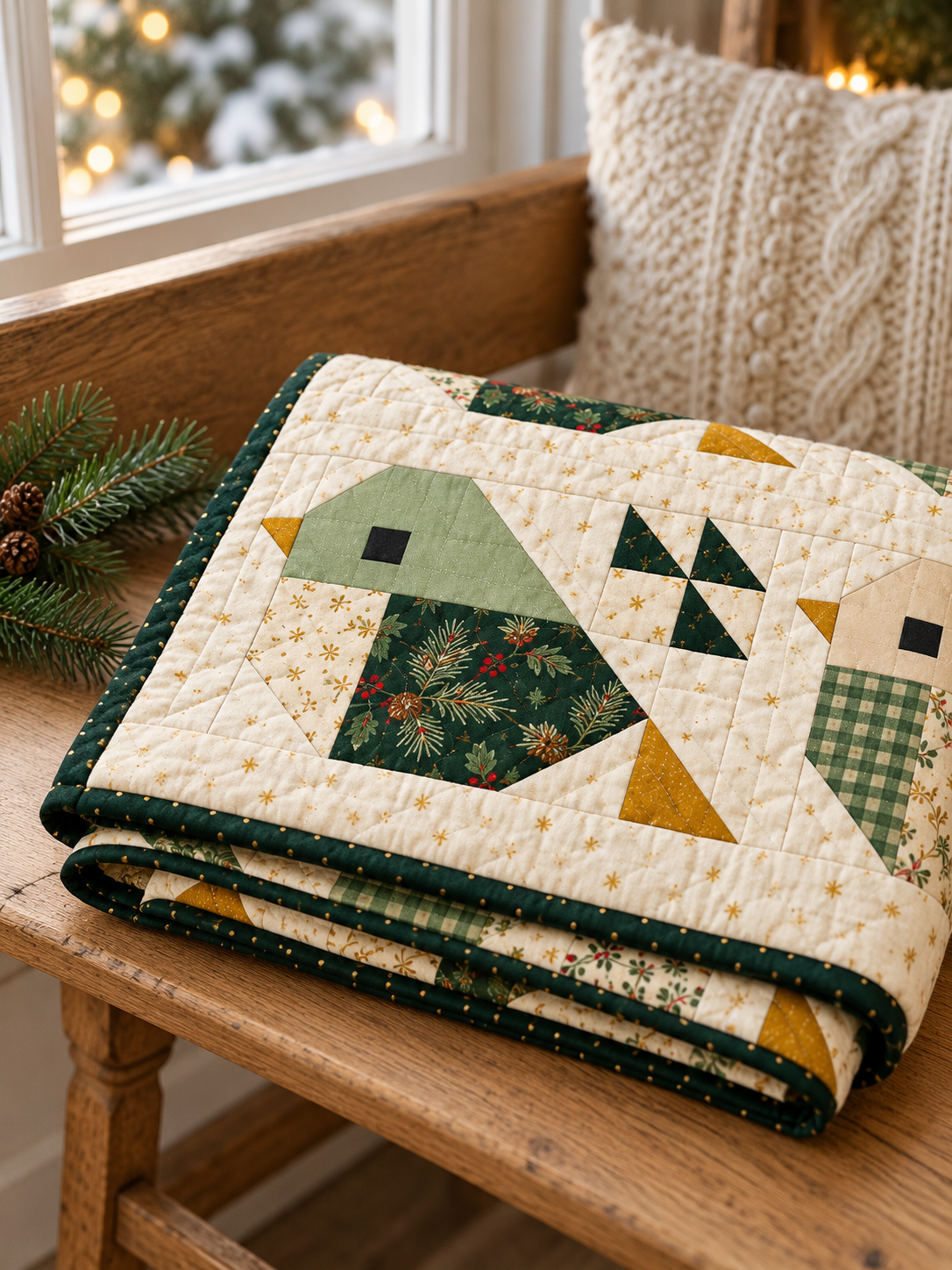 Evergreen Songbirds quilt folded on an oak bench showing bird patchwork and green binding