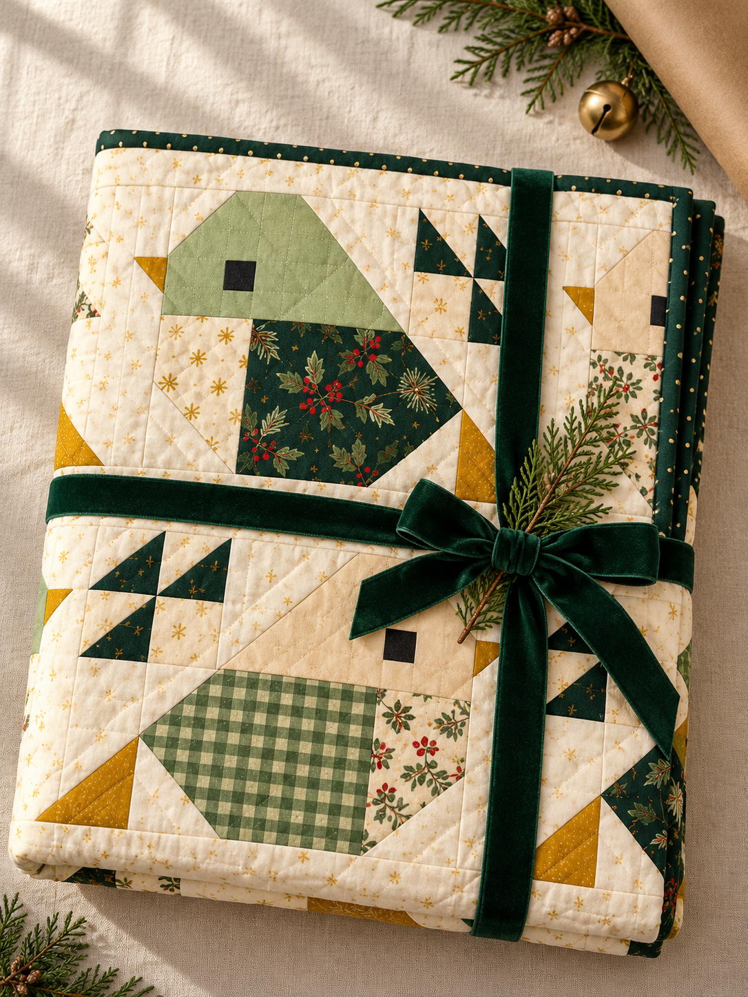 Folded bird patchwork quilt tied with an evergreen velvet ribbon for handmade Christmas gift inspiration