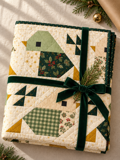 Folded bird patchwork quilt tied with an evergreen velvet ribbon for handmade Christmas gift inspiration