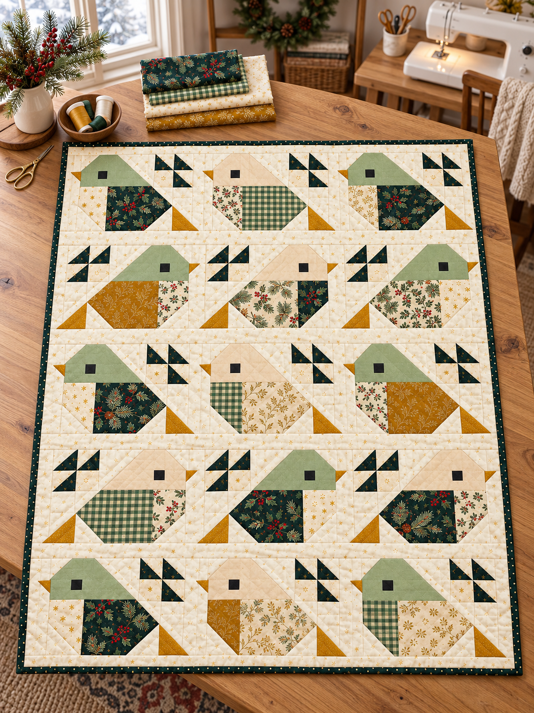 Complete Evergreen Songbirds quilt on a wooden sewing table beside coordinating cotton fabrics