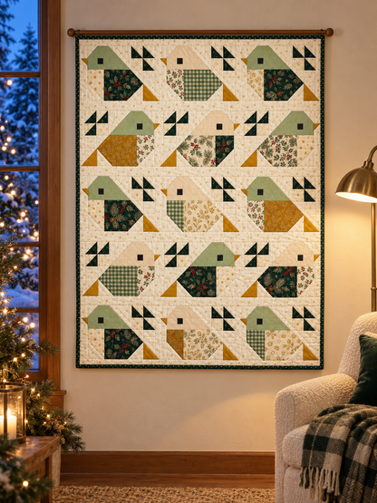 Evergreen Songbirds bird quilt displayed on a wall in a softly lit winter reading corner