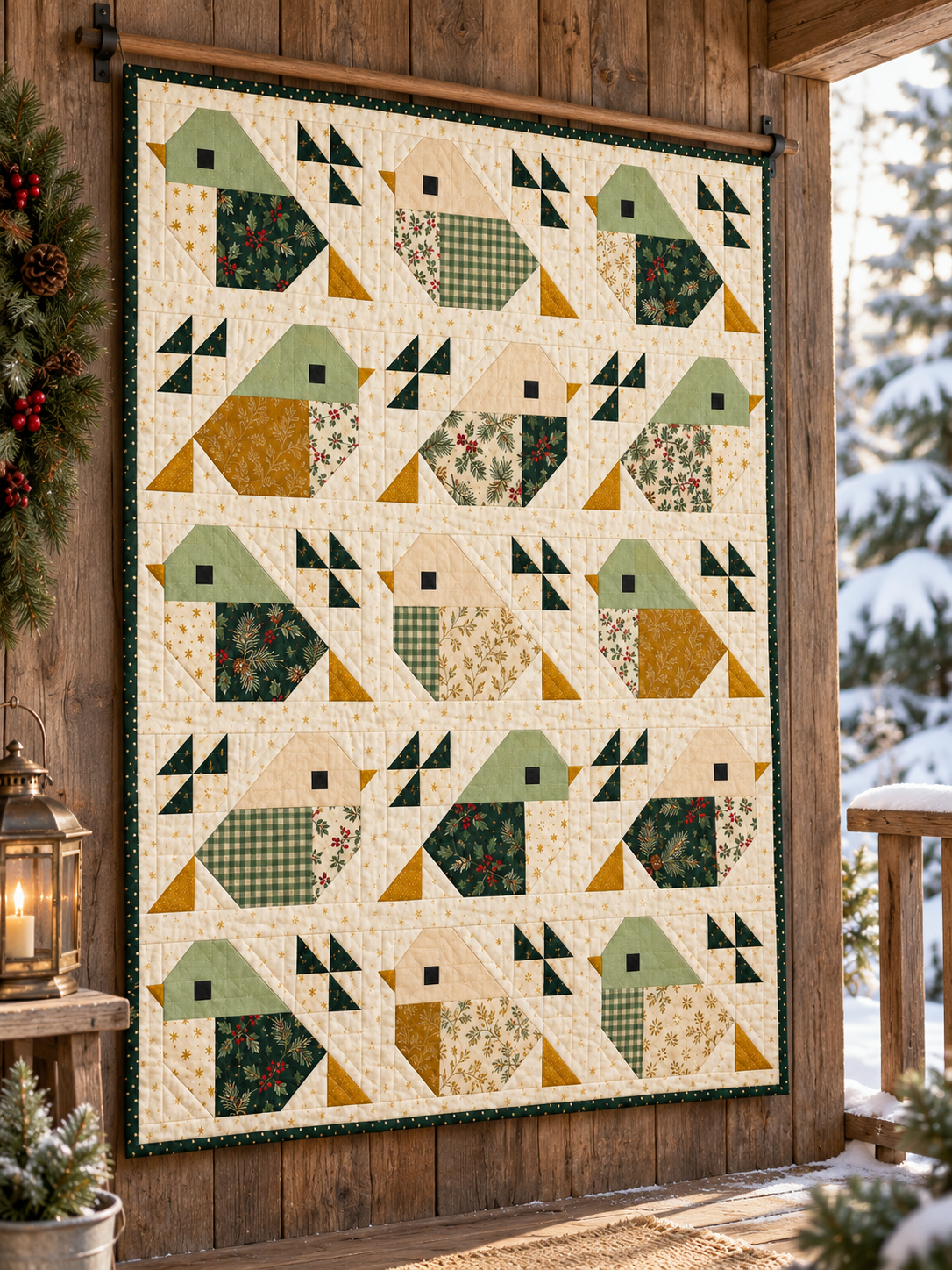 Evergreen Songbirds Christmas quilt hanging on a sheltered wooden cottage porch beside a snowy garden
