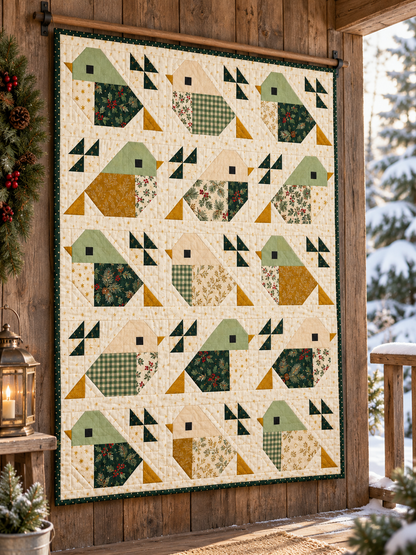 Evergreen Songbirds Christmas quilt hanging on a sheltered wooden cottage porch beside a snowy garden