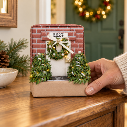 Front of the no-sew fabric cottage ornament with its door and porch, a warm welcome home holiday accent