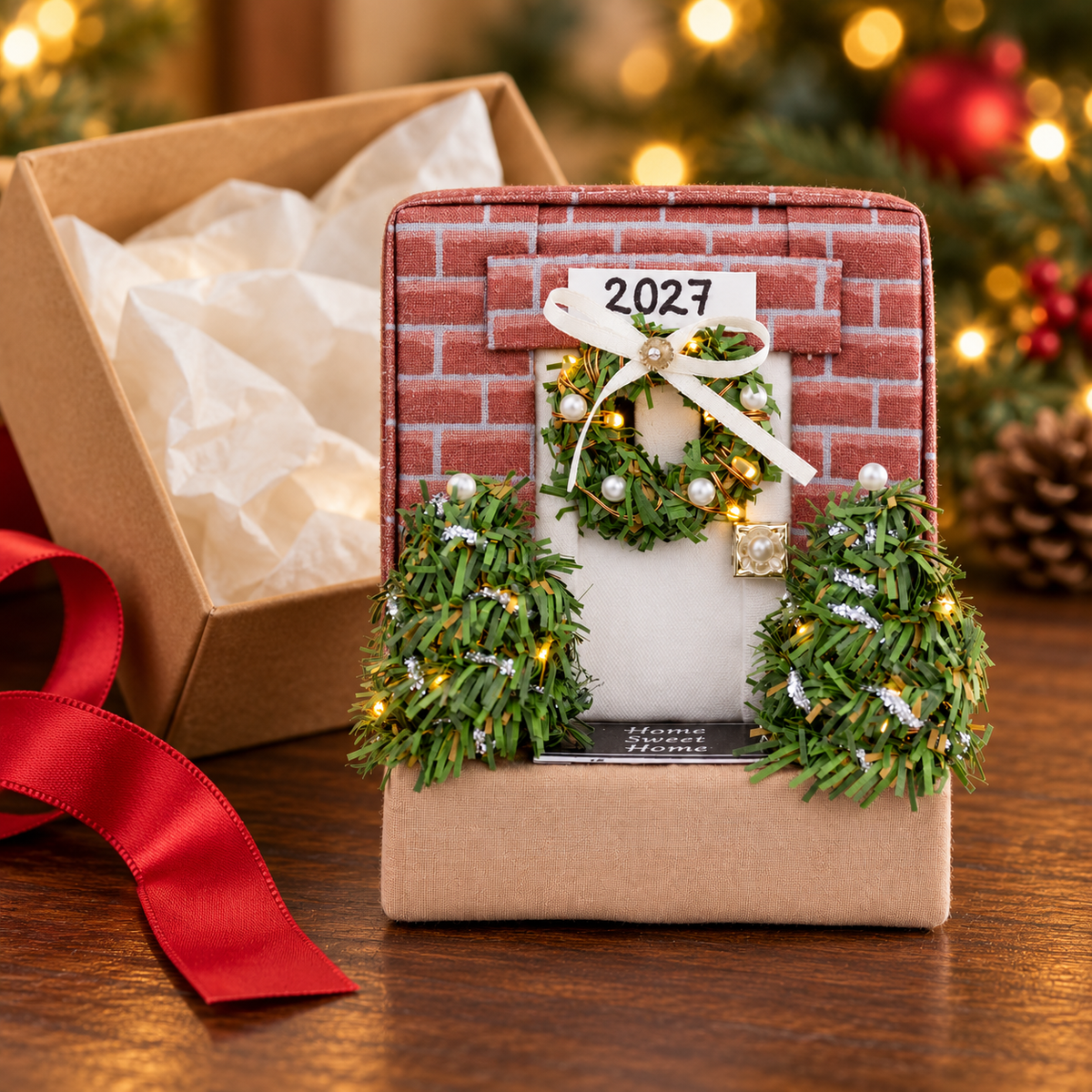 Folded fabric house ornament presented as a first home gift, a handmade housewarming and Christmas gift idea