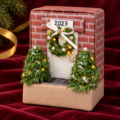 Right side view of the no-sew fabric cottage ornament on burgundy velvet, showing its dimensional house shape
