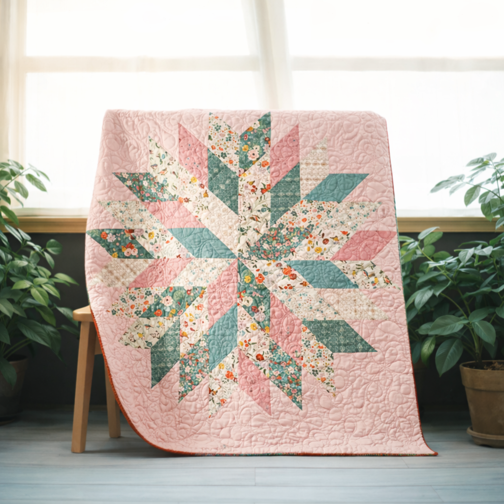 Floral Star quilt in pink and teal displayed in bright modern home – beginner-friendly patchwork quilt PDF pattern instant download