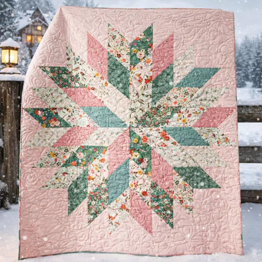 Floral Star quilt displayed outdoors in winter snow scene – pink and green patchwork star quilt PDF pattern, all skill levels