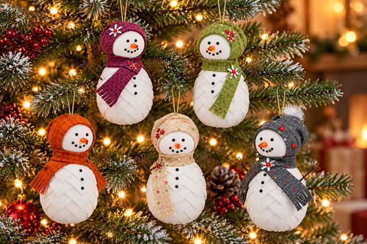 Five folded fabric snowman ornaments hanging on a lit Christmas tree, no-sew quilted ornament pattern