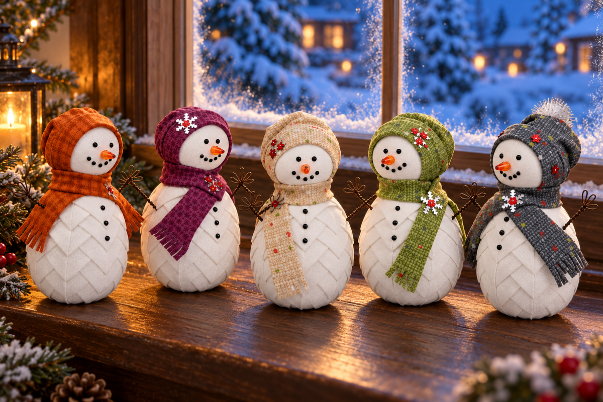 Folded fabric snowman ornaments on a windowsill with a snowy winter evening view