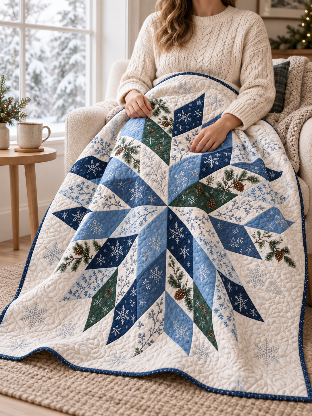 A seated person in a cream sweater with the winter-print Frostbound Star quilt across their lap.