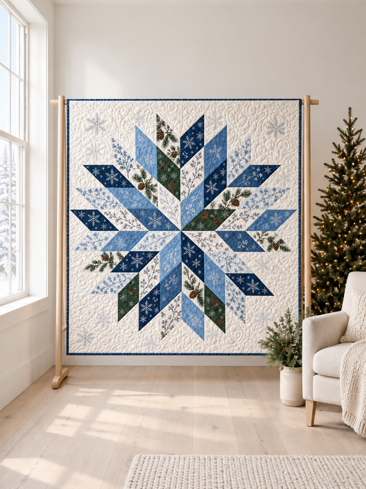 Frostbound Star quilt in icy blue, navy and white, displayed on a wide wooden stand in a winter room.