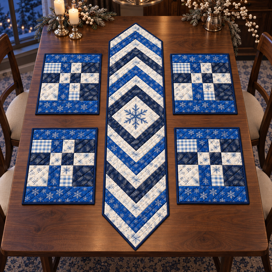 Frosted Winter Braid blue-and-ivory table set styled on a walnut table with warm evening lighting