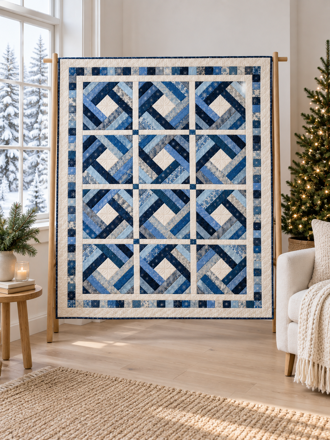 Frostlight Diamond Quilt beside a snowy winter window