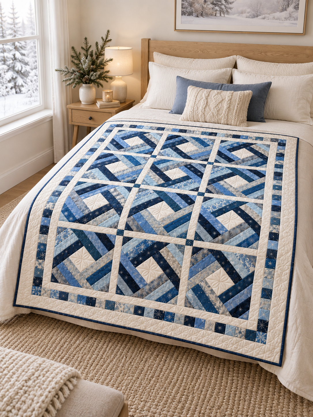 Blue diamond log cabin quilt styled on an ivory bed