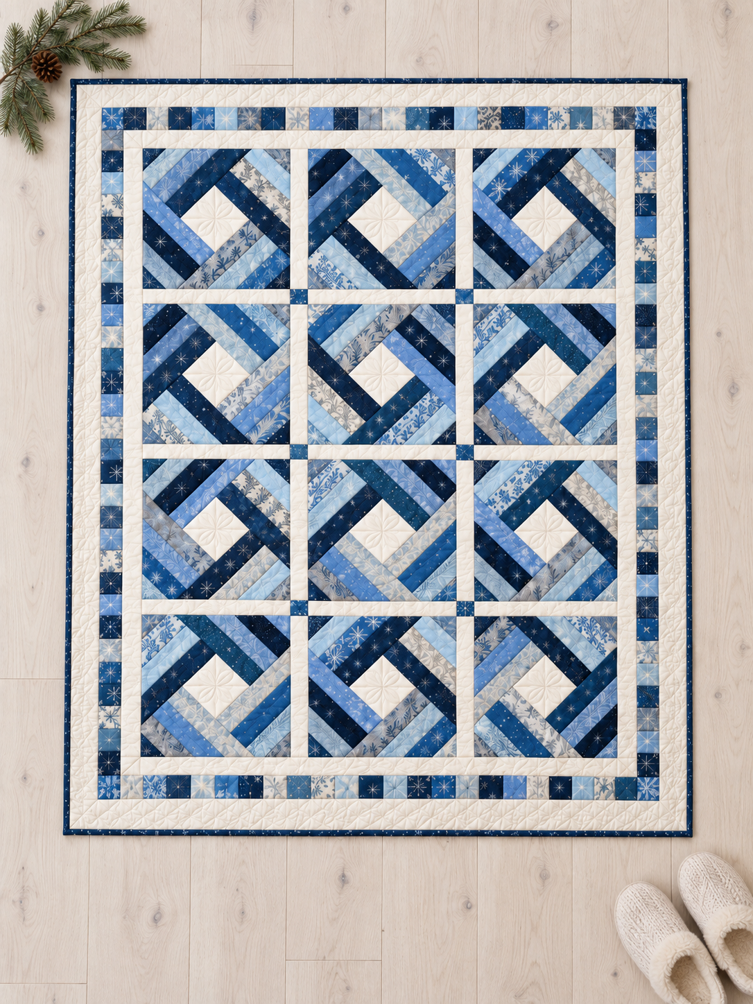 Overhead view of the twelve-block Frostlight Diamond Quilt and pieced border