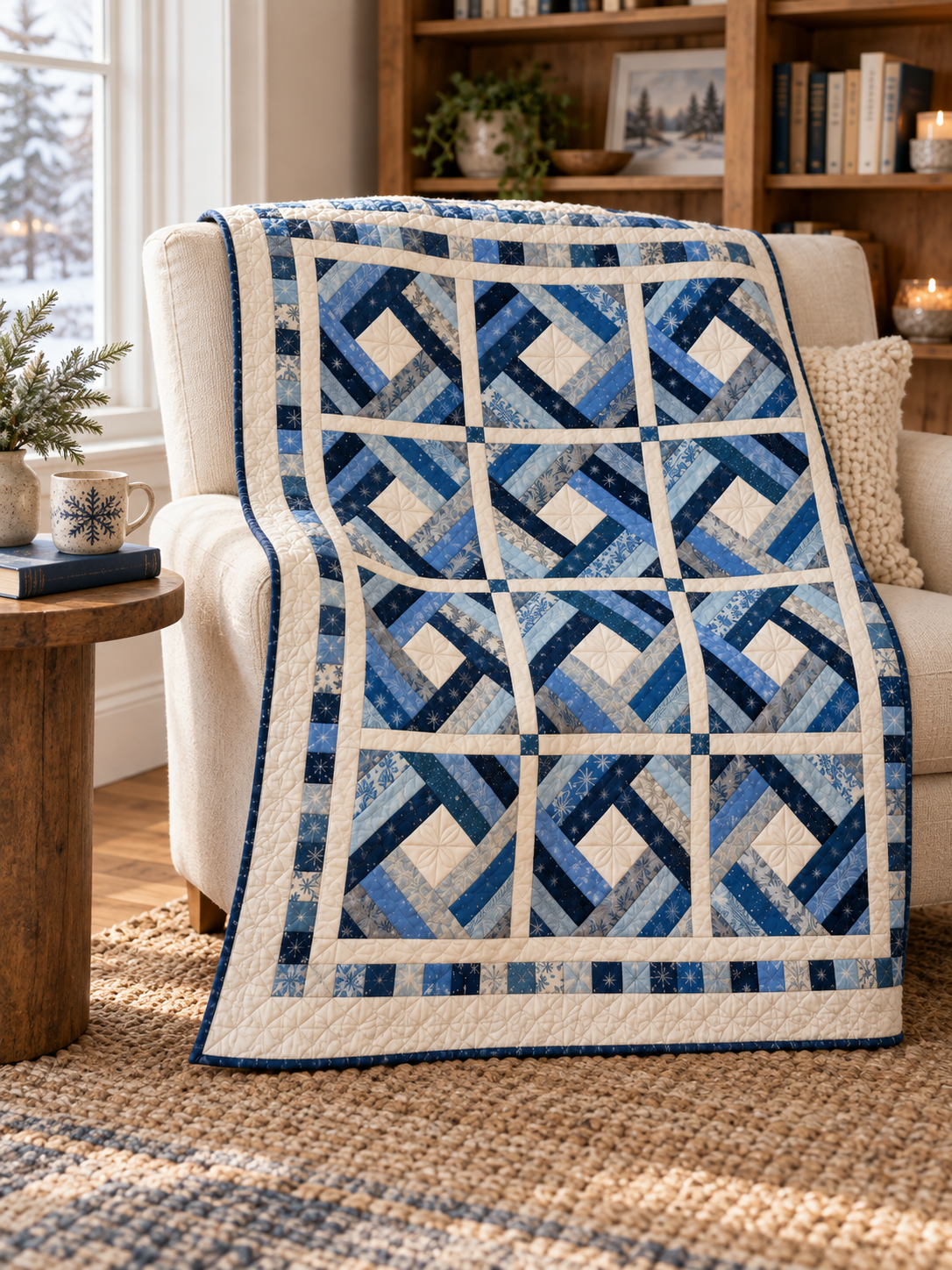 Blue and ivory Frostlight Diamond Quilt in a cozy reading nook