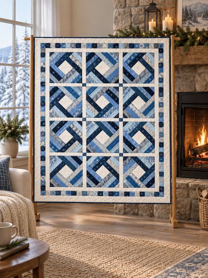 Frostlight Diamond winter quilt displayed beside a stone fireplace