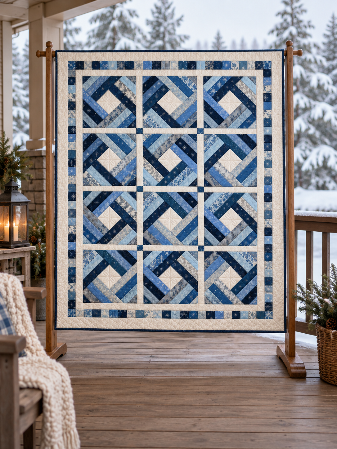 Frostlight Diamond Quilt on a sheltered porch with snowy fir trees
