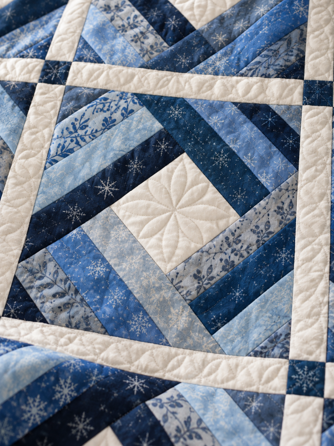 Close-up illustration of an ivory-centered blue diamond log cabin block