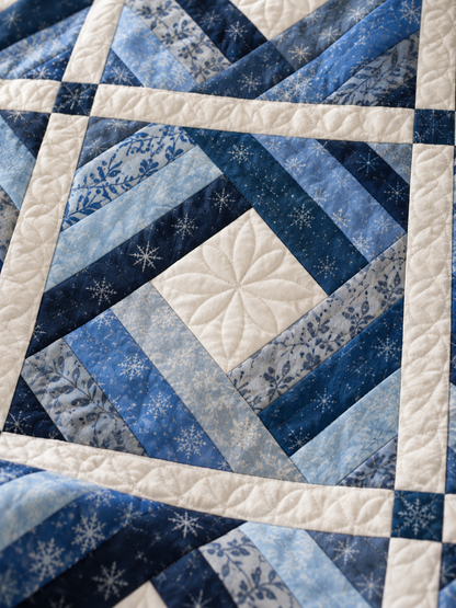 Close-up illustration of an ivory-centered blue diamond log cabin block