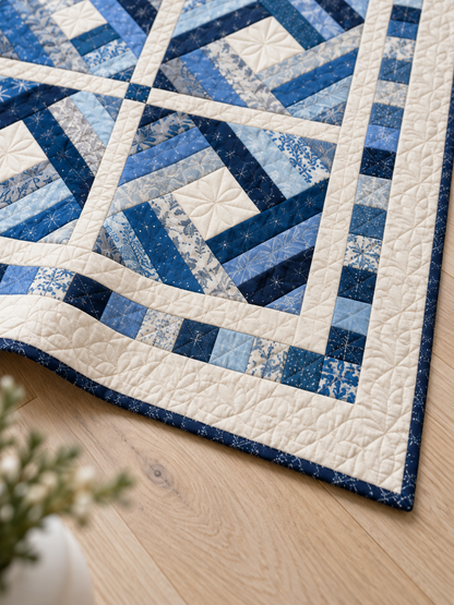 Detail illustration of the blue patchwork border and navy binding