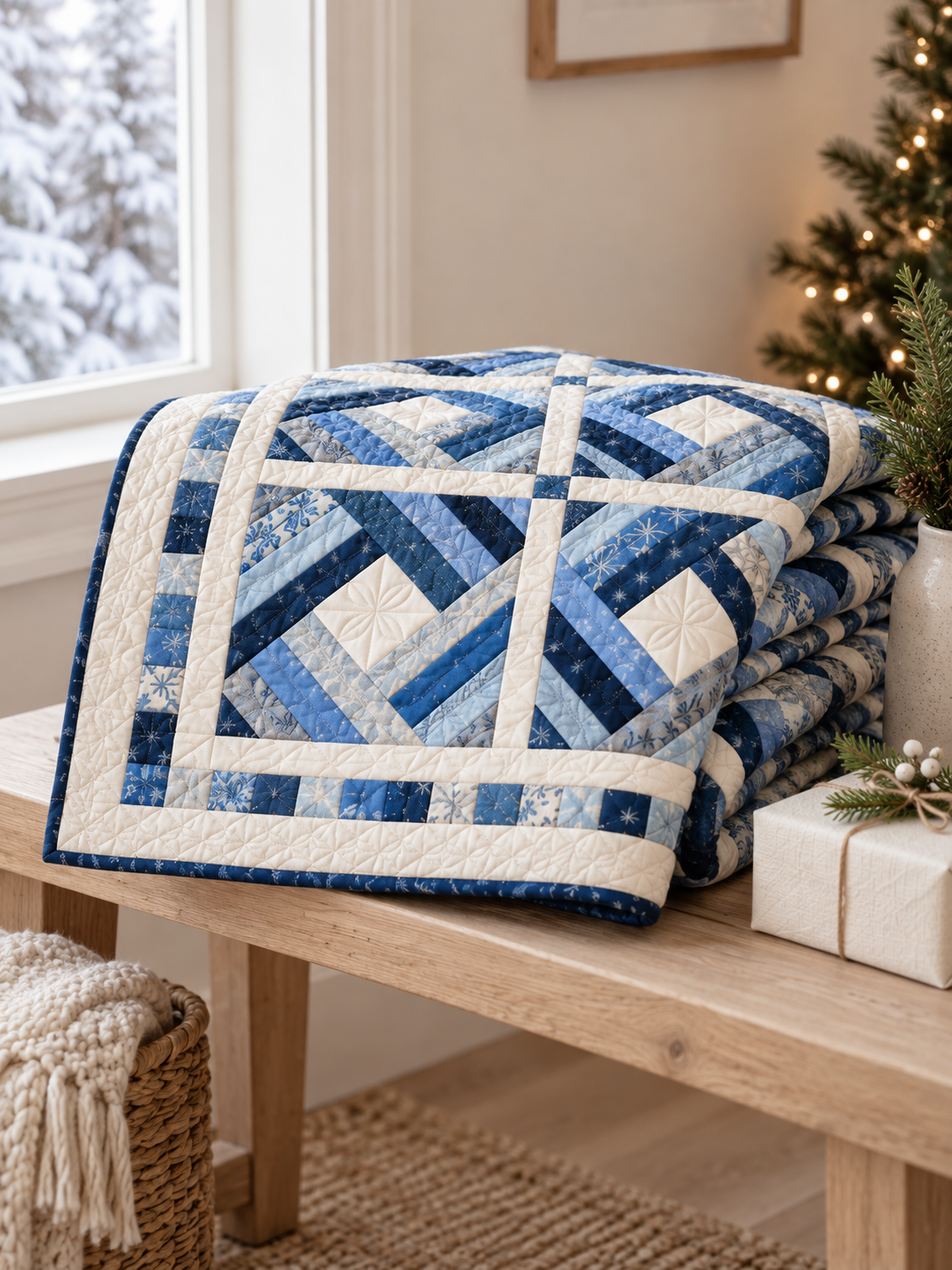 Folded Frostlight Diamond Quilt styled as a handmade winter gift