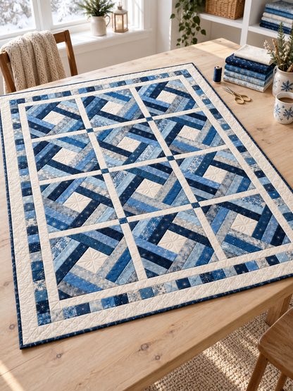 Frostlight Diamond Quilt on a sewing table with coordinating blue fabrics