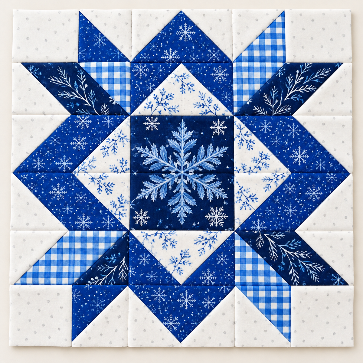 Frostlit Nights Star blue and white winter quilt block, overhead studio view. AI-generated fabric-styling illustration.
