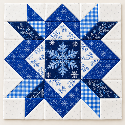 Frostlit Nights Star blue and white winter quilt block, overhead studio view. AI-generated fabric-styling illustration.