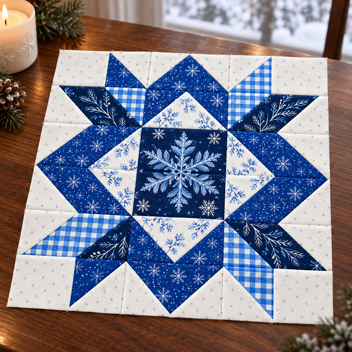 Frostlit Nights Star blue and white winter quilt block: elegant walnut table. AI-generated fabric-styling illustration.