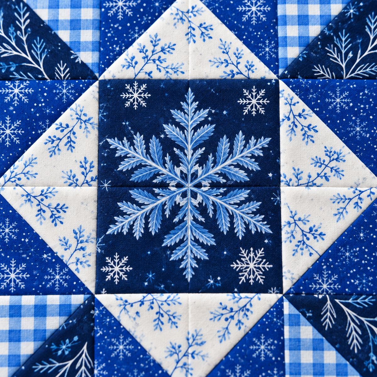 Frostlit Nights Star blue and white winter quilt block: center snowflake detail. AI-generated fabric-styling illustration.