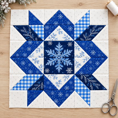Frostlit Nights Star blue and white winter quilt block: oak winter flatlay. AI-generated fabric-styling illustration.
