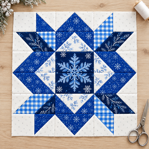 Frostlit Nights Star blue and white winter quilt block: oak winter flatlay. AI-generated fabric-styling illustration.
