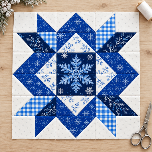 Frostlit Nights Star blue and white winter quilt block: oak winter flatlay. AI-generated fabric-styling illustration.