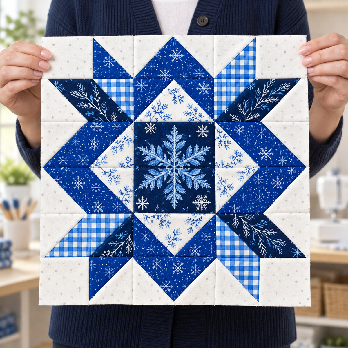 Frostlit Nights Star blue and white winter quilt block: hands presenting. AI-generated fabric-styling illustration.