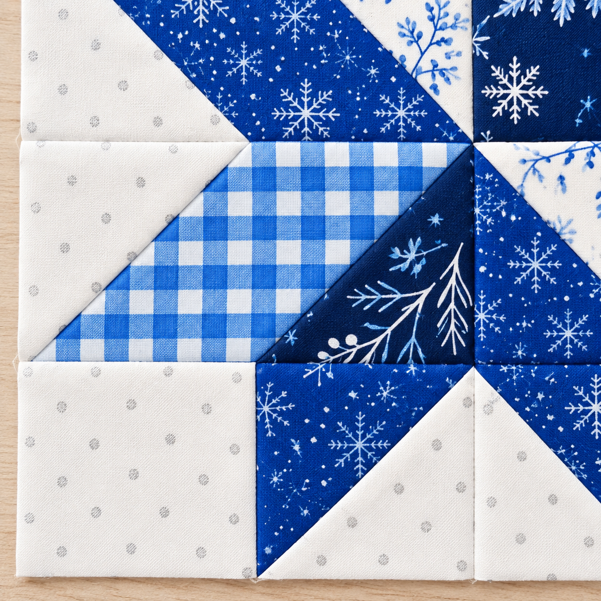 Frostlit Nights Star blue and white winter quilt block: gingham corner detail. AI-generated fabric-styling illustration.