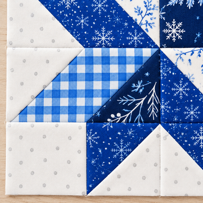 Frostlit Nights Star blue and white winter quilt block: gingham corner detail. AI-generated fabric-styling illustration.