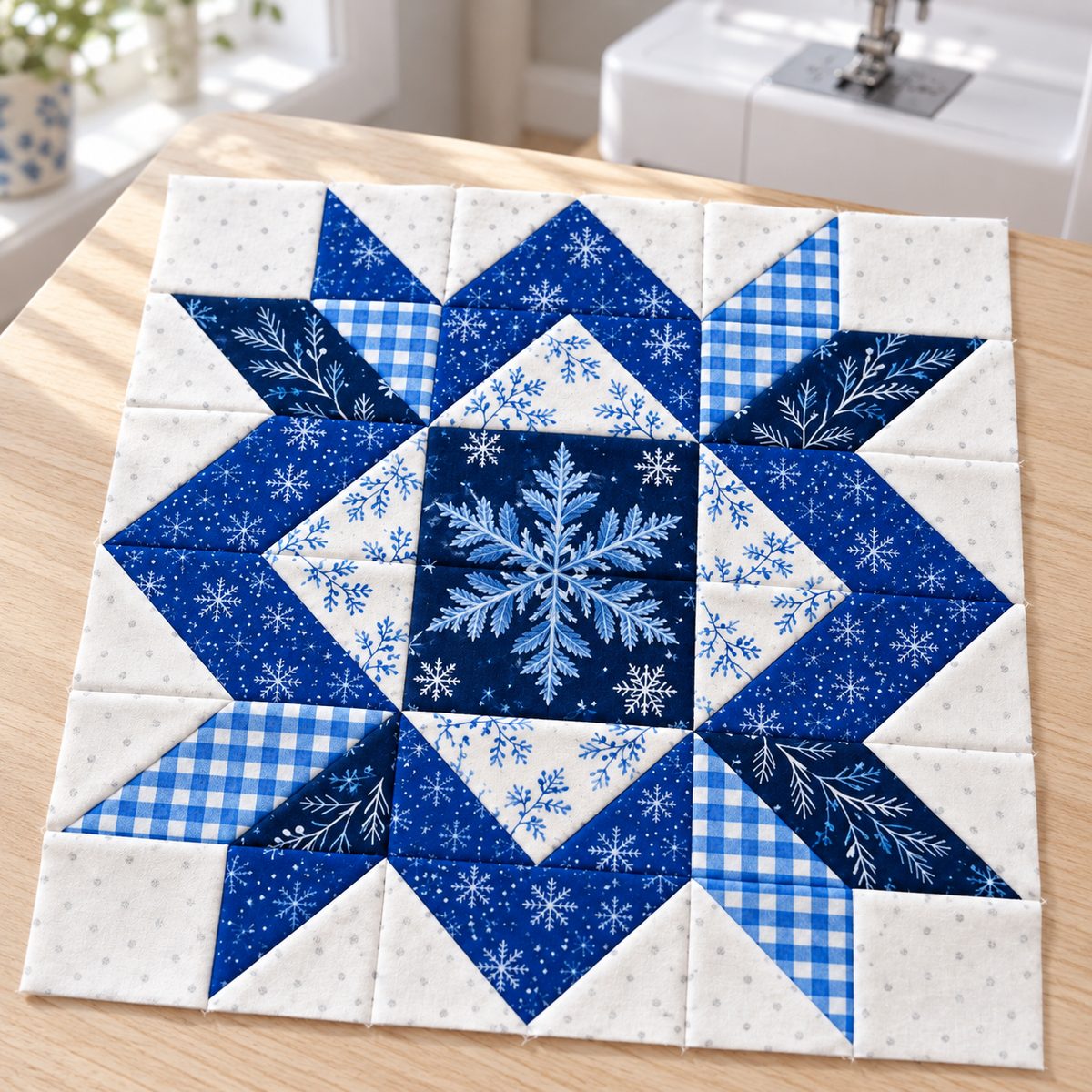 Frostlit Nights Star blue and white winter quilt block: sunlit sewing room. AI-generated fabric-styling illustration.