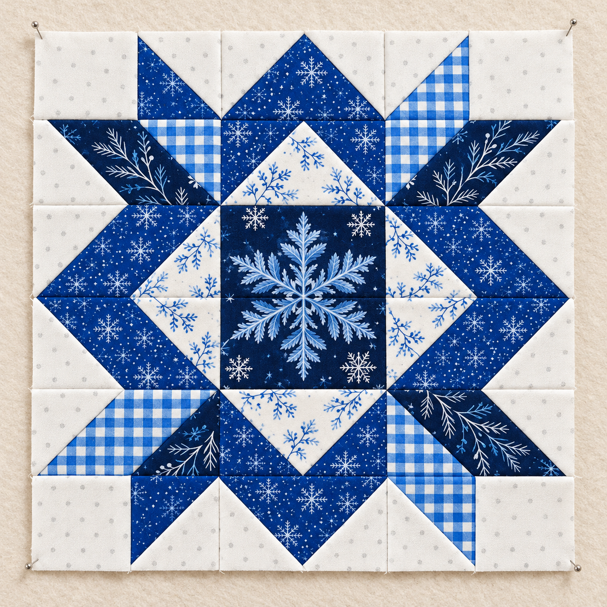 Frostlit Nights Star blue and white winter quilt block: design wall. AI-generated fabric-styling illustration.