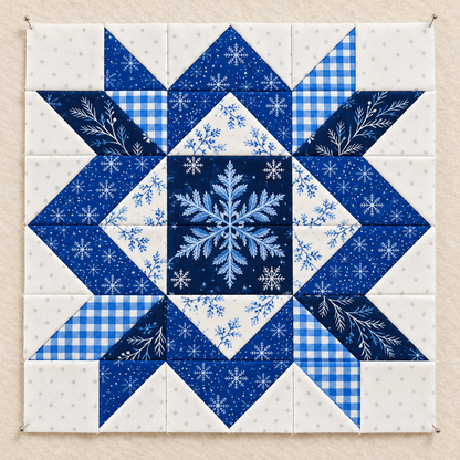 Frostlit Nights Star blue and white winter quilt block: design wall. AI-generated fabric-styling illustration.
