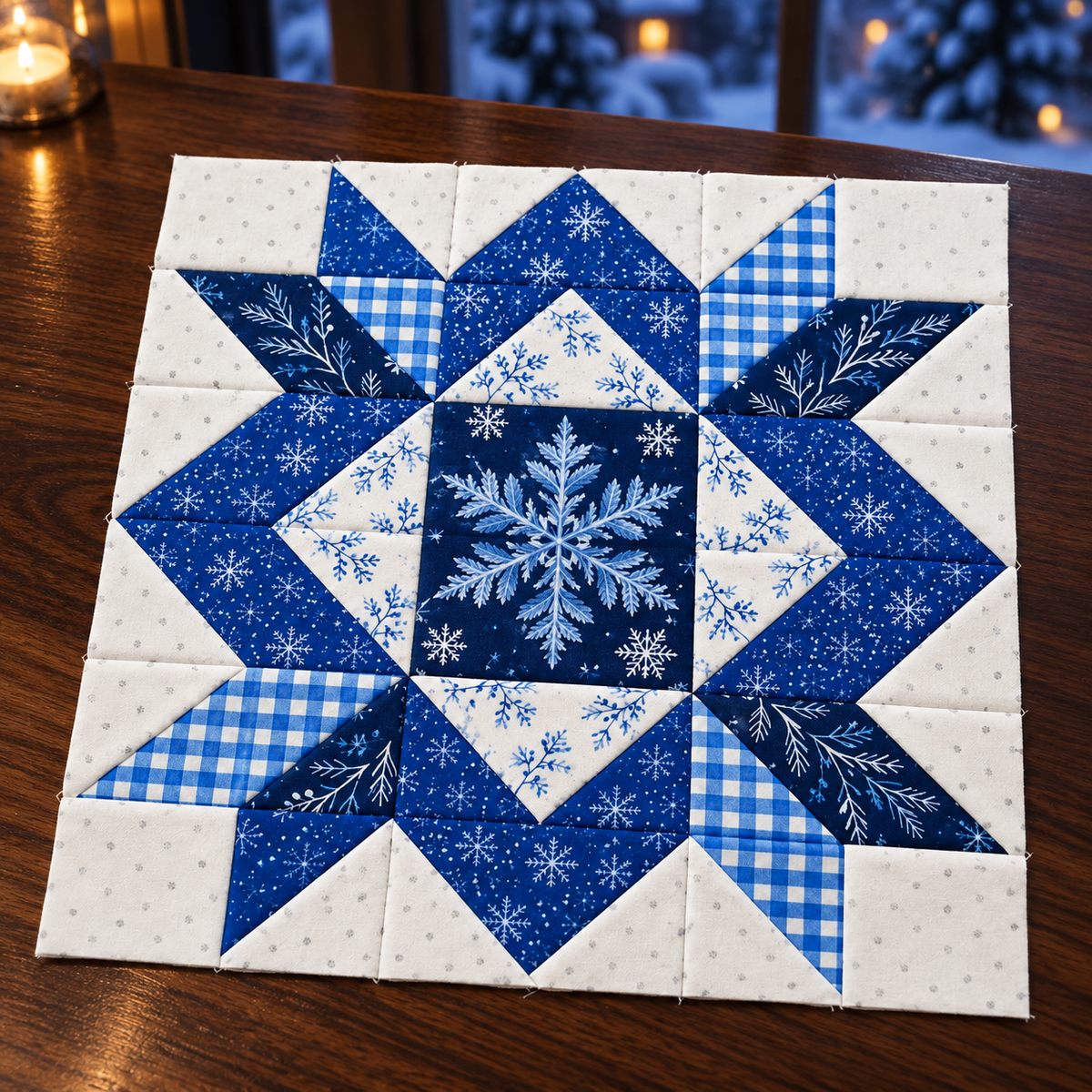 Frostlit Nights Star blue and white winter quilt block: moonlit winter table. AI-generated fabric-styling illustration.