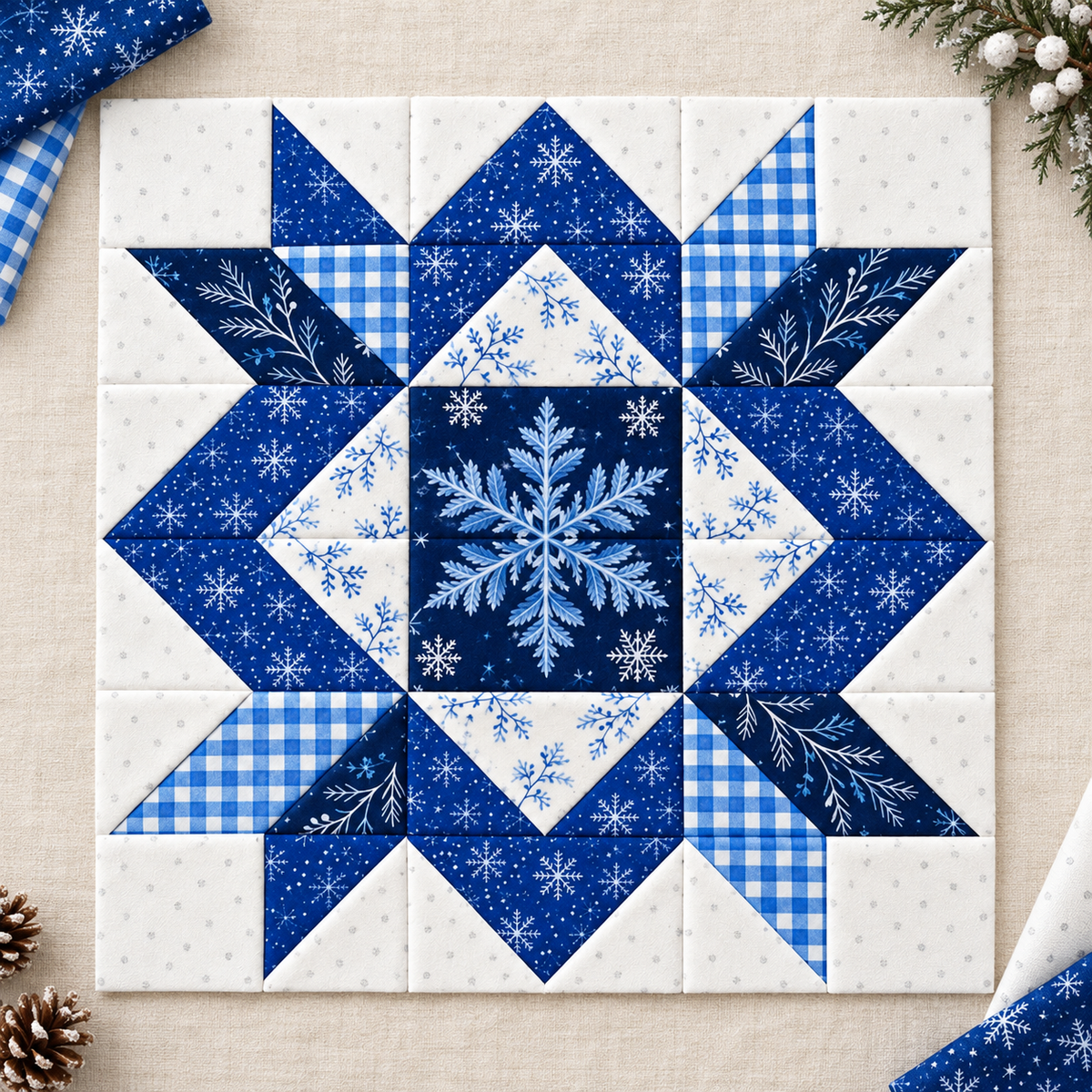 Frostlit Nights Star blue and white winter quilt block: fabric palette story. AI-generated fabric-styling illustration.